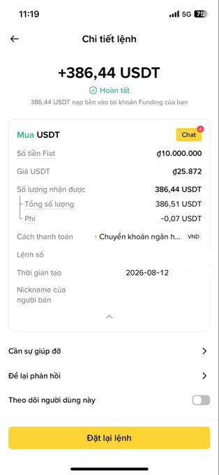 A Binance P2P order confirmation screen showing a completed purchase of +386.44 USDT (đ25.872) deposited via bank transfer (VND) on 08/12/2026, reflecting the trader's claim of using Binance P2P as their go-to platform for dollar-cost-averaging into USDT.