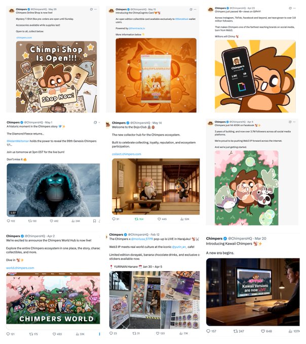 The image features a collage of various posts related to Chimpers World, including pictures of different items such as a monkey, a cell phone, and a computer monitor. The posts are arranged in a grid format with each post having its own space within the layout. The text accompanying the images provides context about the content or purpose of the posts, which could be related to updates, announcements, or the company's activities.