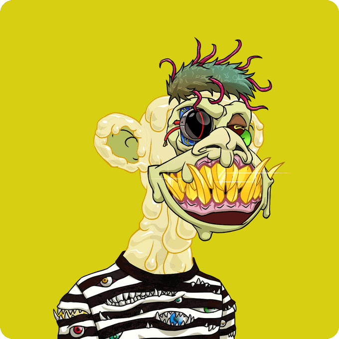A surreal digital illustration depicts a melting, grotesque humanoid figure with sharp teeth, mismatched eyes, and wild hair wearing a black and white striped shirt with eyeball patterns, set against a bright yellow background.