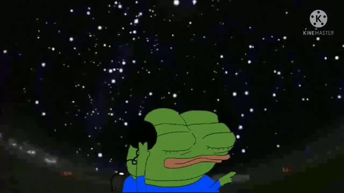 The Pepe the Frog cartoon character appears with closed eyes and lips puckered, set against a dark starry night sky with a 'KineMaster' watermark in the corner.