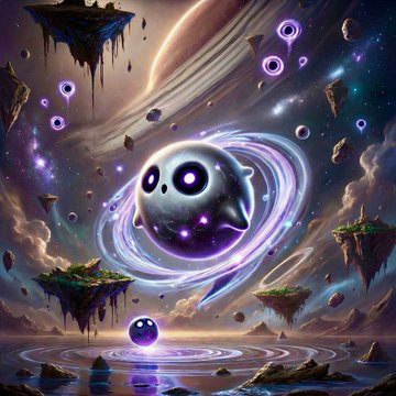 A fantasy digital artwork shows a cute round creature with a skull-like face surrounded by glowing purple orbs, floating in a cosmic scene with floating islands and planets.