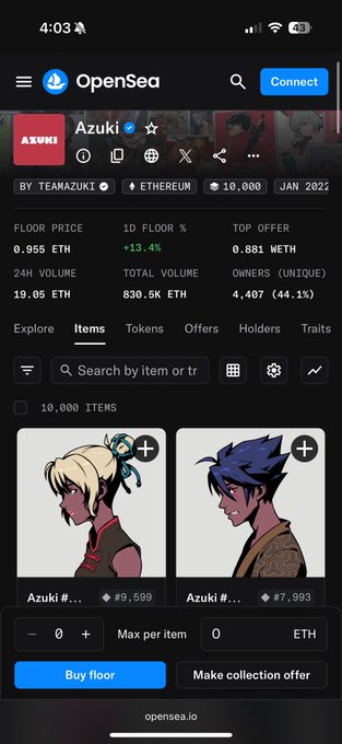 A screenshot of the Azuki NFT collection page on OpenSea, showing a floor price of 0.955 ETH, top offer of 0.881 WETH, 24-hour volume of 19.05 ETH, and 4,407 unique owners—illustrating the current trading levels referenced in the post about Azuki's potential growth.