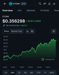 A mobile trading app screenshot showing STONK token priced at $0.356298 with a 39.9% gain over 24 hours, displaying a green upward price chart.