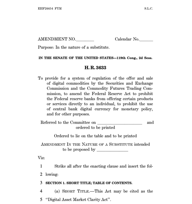 This image shows the first page of Senate Amendment text for H.R. 3633, the "Digital Asset Market Clarity Act," during the 119th Congress, 2d Session. It directly relates to the accompanying post's call to action by displaying the legislative text that supporters are urging Senators to advance before recess.