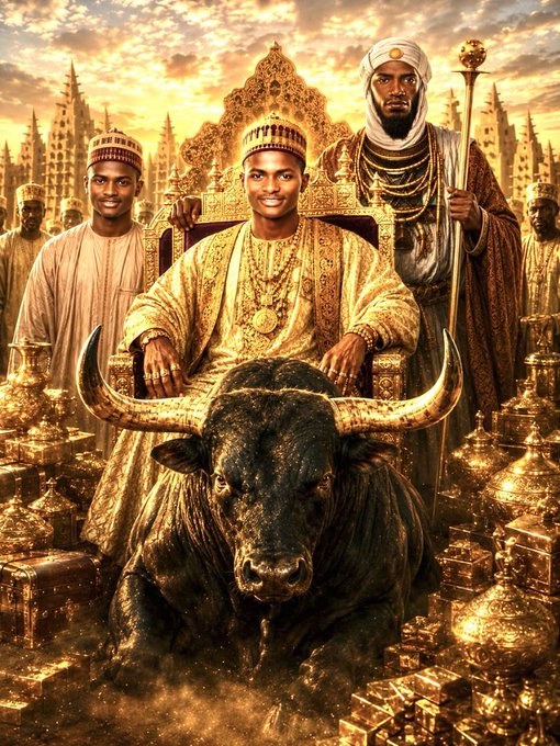 A majestic young king sits on an ornate golden throne adorned with gemstones, flanked by royal advisors in traditional African regalia, with a powerful bull at his feet surrounded by piles of gold treasures—evoking the wealth and splendor of Musa Mansa, the legendary richest ruler in history. The image visually reinforces the post's reference to "Musa Mansa Reborn," symbolizing the grandeur and prosperity associated with the $musa token launch.