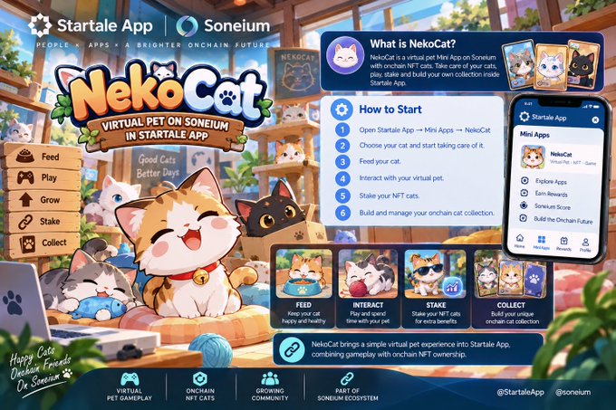 A promotional graphic for 'NekoCat VIRTUAL PET ON SONEIUM IN STARTALE APP' features cartoon cats and instructions detailing how to feed, play with, and stake the virtual pets.