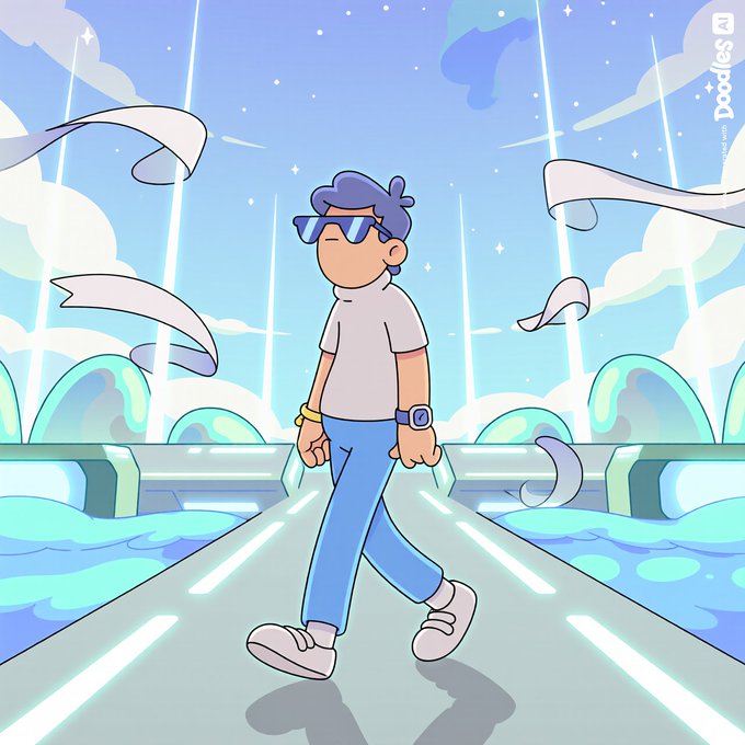 A cartoon illustration of a character with blue hair and sunglasses walking confidently along a futuristic path in a starry sky, with a "Doodles" watermark.