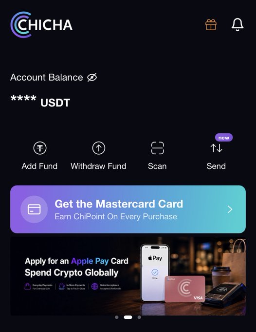 Screenshot of the CHICHA app home screen showing a USDT account balance with options to Add Fund, Withdraw Fund, Scan, and Send, along with promotional banners for a Mastercard card and an Apple Pay Card.