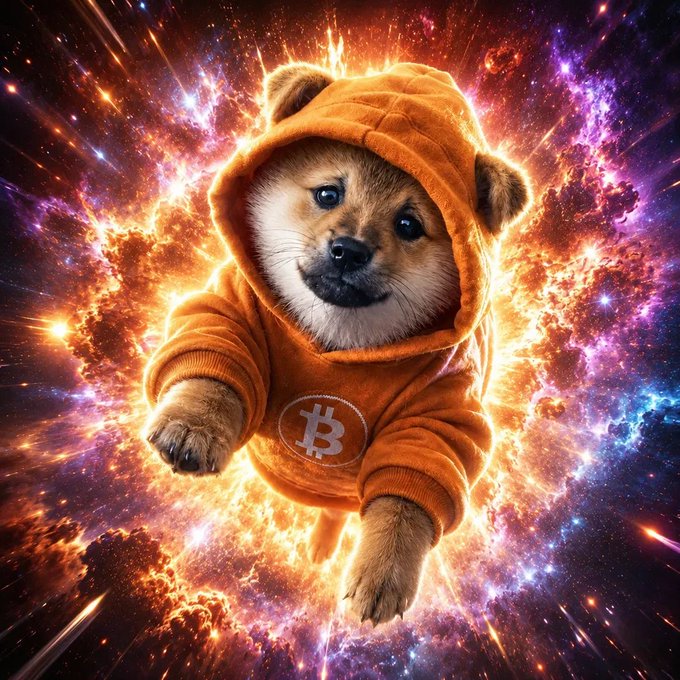 A digital artwork of a Shiba Inu dog wearing an orange hoodie with a Bitcoin logo, set against a vibrant, fiery cosmic background.