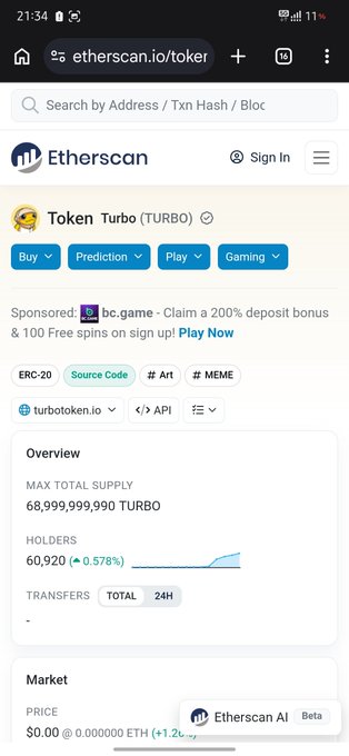 A mobile screenshot of Etherscan showing the token page for Token Turbo (TURBO), an ERC-20 token with tags Source Code, Art, and MEME, displaying a max total supply of 68,999,999,990 TURBO and 60,920 holders.