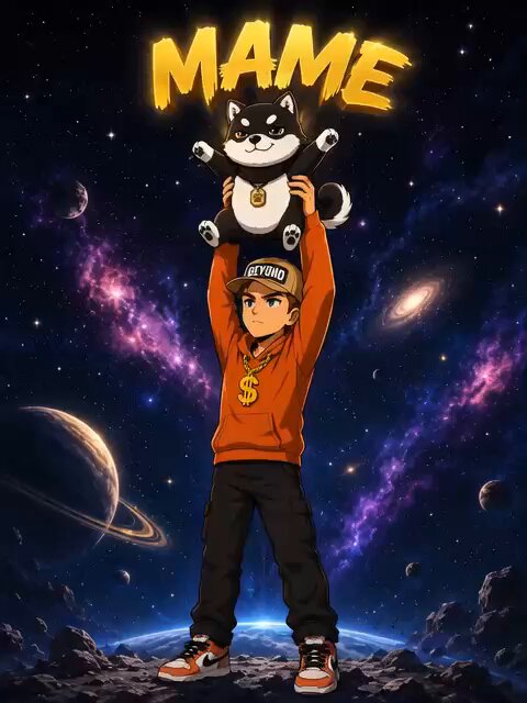 The image features a cartoon boy holding up a stuffed animal, possibly a dog or a cat, against a backdrop of stars and planets. The caption below the image reads "Time to revive the meme! LFGOO $MAME @xBrianSumner This is for you". The main focus of this post seems to be on the meme featuring the boy with the stuffed animal, which has been shared or reposted multiple times on social media platforms.