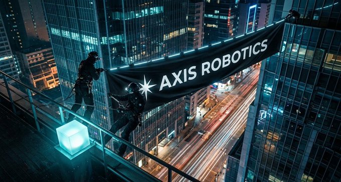 A cinematic image showing two tactical figures on a skyscraper ledge holding a black banner that reads 'AXIS ROBOTICS' with a star logo, overlooking a city at night with light trails below.