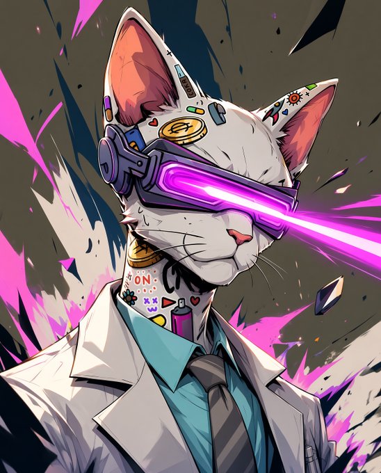 A digital illustration of a white cat-like character wearing a white lab coat and tie, with cybernetic implants on its head and glowing purple visor emitting a laser beam.