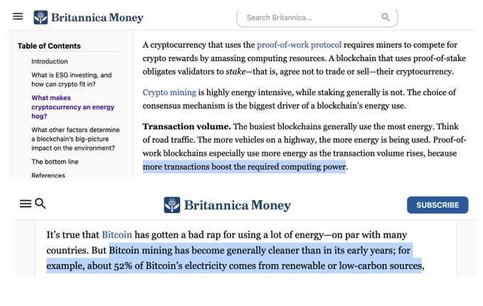 A screenshot from Britannica Money discusses cryptocurrency energy use, highlighting that proof-of-work blockchains use more energy as transaction volume rises, and noting Bitcoin's electricity is about 52% from renewable sources.