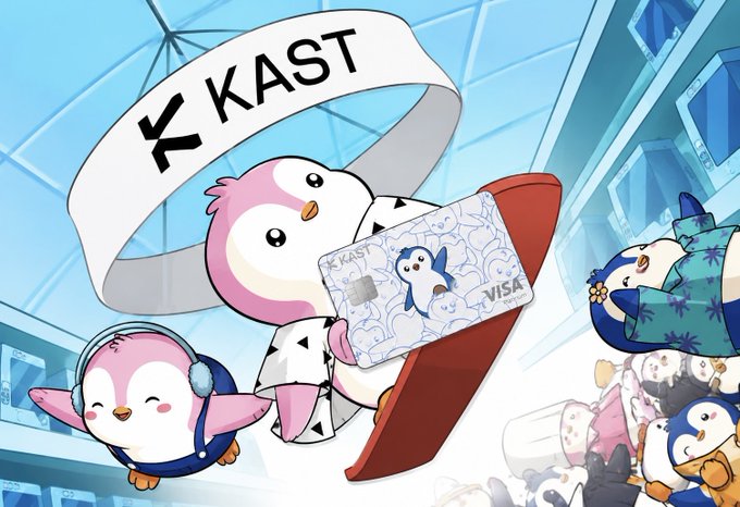 A cartoon penguin in pink and white holds a KAST VISA credit card, surrounded by other adorable penguin characters in a winter-themed setting with a "KAST" banner overhead, perfectly illustrating the brand's friendly approach to making crypto-powered payments feel effortless and accessible for everyday use.