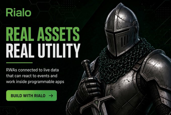 An advertisement for 'Rialo' features a knight in armor holding a sword, promoting 'REAL ASSETS REAL UTILITY' for RWAs with a 'BUILD WITH RIALO' button.