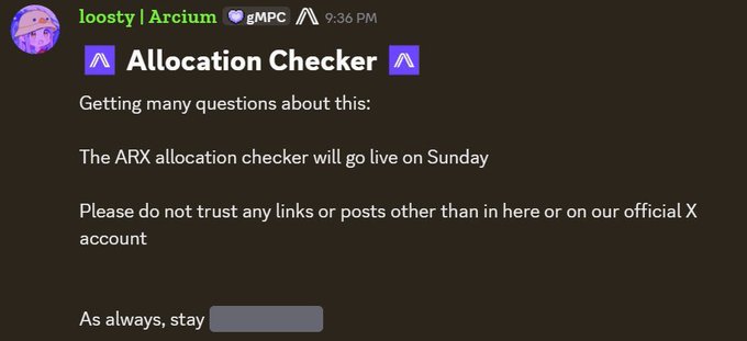 The image shows an email message with a screenshot of a social media post that says "gMPCOfficial $ARX checker is going live today Don't click or trust any links other than the ones from the official X Have a Solid Sunday". The main focus of this message is to inform users about the ARX allocation checker and remind them not to click on any unrelated links.