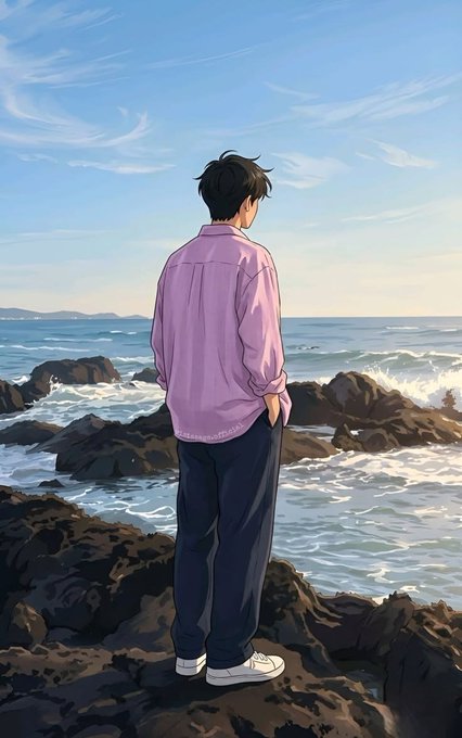 An anime-style illustration of a young man with black hair wearing a pink shirt and dark pants, standing on rocky terrain looking out at the ocean.