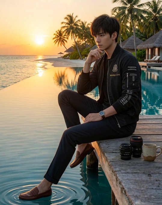 An AI-generated image of a young man in a black bomber jacket sitting on a wooden dock by an infinity pool at sunset, with a camera lens and coffee mug beside him.
