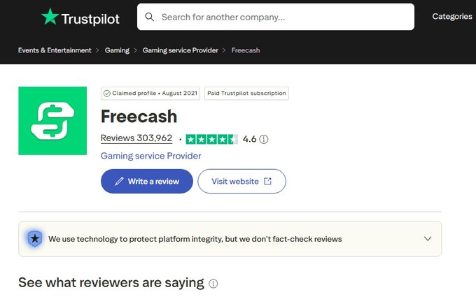 The image shows a Trustpilot profile page for "Freecash," a Gaming service Provider, displaying a 4.6-star rating based on 303,962 reviews. This supports the post's claim about the platform's high rating and large review count, which is being used to promote a $10.00 sign-up bonus offer for new players.
