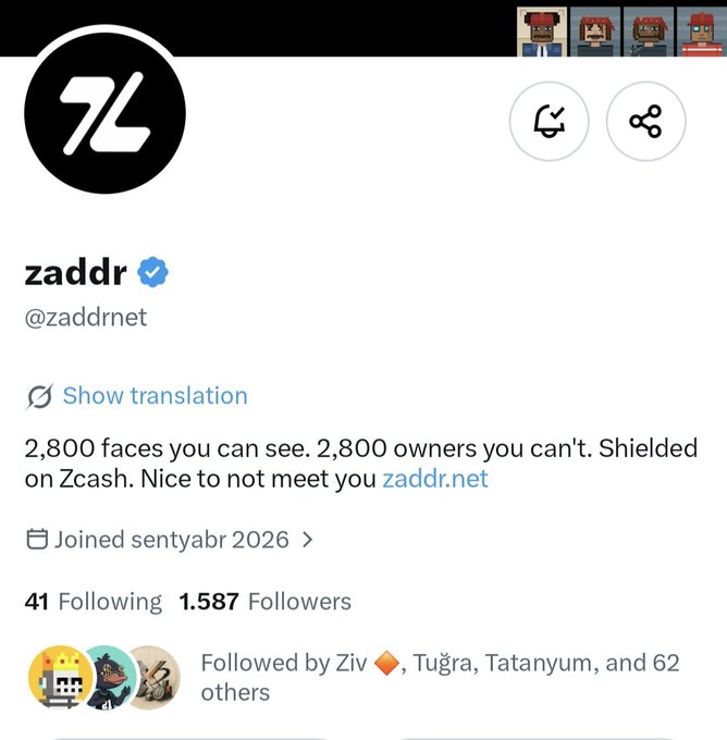 A Twitter/X profile page for "zaddr" (@zaddrnet), verified with a blue checkmark, displaying a bio that reads "2,800 faces you can see. 2,800 owners you can't. Shielded on Zcash. Nice to not meet you zaddr.net," along with stats showing 41 Following and 1,587 Followers, and "Followed by Ziv, Tuğra, Tatanyum, and 62 others" — the account being referenced in the accompanying post about being an early follower.