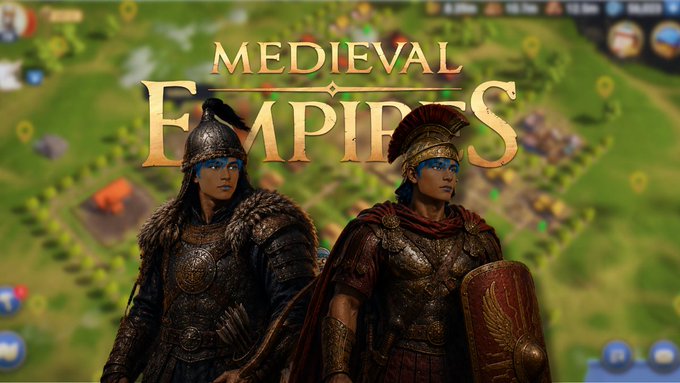 Promotional artwork for the game 'MEDIEVAL EMPIRES' shows a warrior in armor and a woman in red and gold warrior attire with a plumed helmet, standing before a map background.