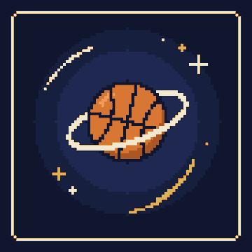 A pixel-art basketball floats in a galaxy-like space with stars, orbit trails, and a gold-and-white frame. It visualizes the “ALL STARS $NBA” 5555 onchain basketball trading-card collection advertised in the post.