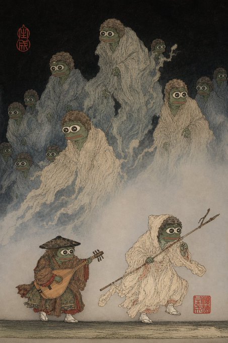 A group of frog-like yokai spirits wearing white robes loom above two masked figures playing traditional instruments, rendered in a classical Japanese woodblock style with red seal stamps in the upper left and lower right corners. The whimsical, supernatural imagery playfully contrasts with the post's serious discussion of Pendle's institutional upside and RWA-driven growth as an onchain yield distribution layer.