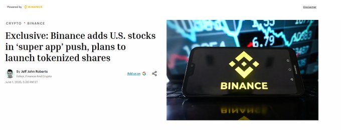 The image shows a close-up of an iPhone displaying the logo for the cryptocurrency Binance, which adds US stocks to its "Super App" portfolio plans. The smartphone screen displays the Binance symbol along with some text that mentions Bitcoin shares. In the background, there is information about trading platforms and how users can access Binance.