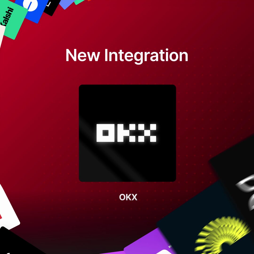 The image features a red background with white text that reads "New Integration" followed by "OKX", which stands for Okx. The text also includes the word "TRON" at the bottom, indicating that this is related to the TRON ecosystem. The image shows various icons and logos associated with the TRON community, such as a yellow fan logo and a black square icon.
