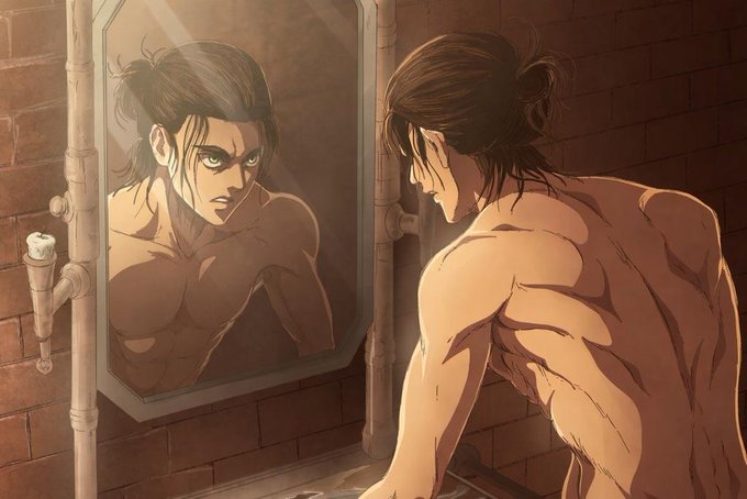An anime illustration of a muscular man with dark hair tied back, looking intensely at his reflection in a bathroom mirror.
