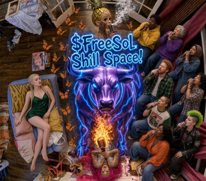Album or single cover art titled '$FreeSol Shill Space!' featuring a neon bull, a woman in a green dress, and a group of diverse people holding microphones around a table.