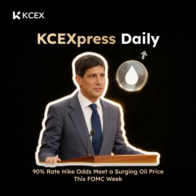 A promotional graphic titled 'KCEXpress Daily' featuring a man at a podium, a water droplet icon, and text reading '90% Rate Hike Odds Meet a Surging Oil Price This FOMC Week' with the KCEX logo.