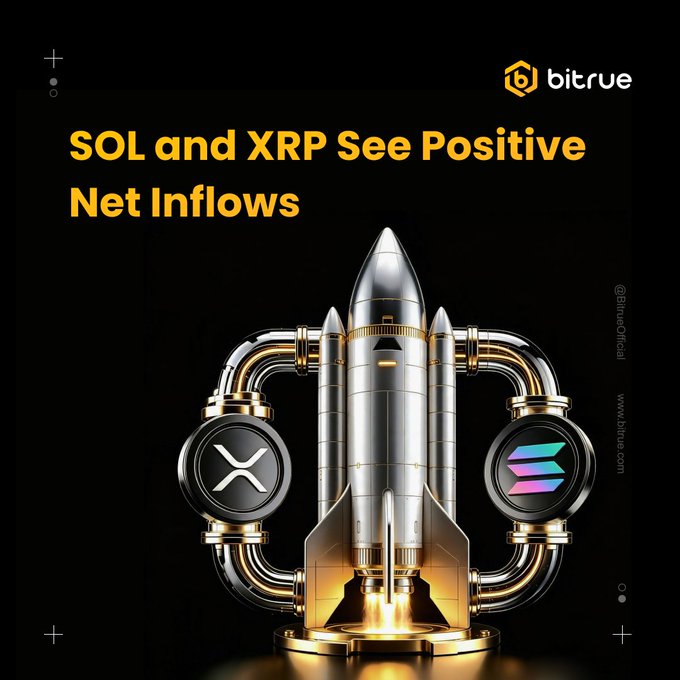 A promotional graphic from Bitrue features a metallic rocket with XRP and Solana (SOL) logos displayed on either side, accompanied by the headline "SOL and XRP See Positive Net Inflows." The image visually reinforces the post's message about spot ETFs for $SOL and $XRP experiencing net inflows, suggesting potential momentum for altcoins.