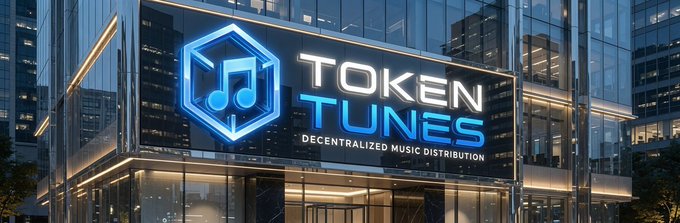 A billboard on a modern glass building advertises "TOKEN TUNES" with the tagline "DECENTRALIZED MUSIC DISTRIBUTION," featuring a musical note inside a hexagonal logo.