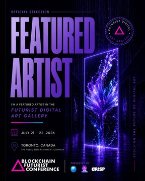 A purple poster advertising the 'Featured Artist' selection at the Blockchain Futurist Conference, July 21-22, 2026, in Toronto, Canada.