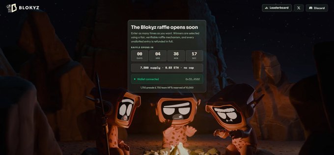 A website screenshot for 'BLOKYZ' announcing that 'The Blokyz raffle opens soon', showing countdown timers in days, hours, minutes, and seconds, set against a backdrop of cartoon characters around a campfire.