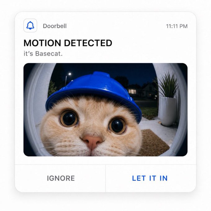 A doorbell notification reads 'MOTION DETECTED it's Basecat.' showing an orange cat wearing a blue hard hat, with options to 'IGNORE' or 'LET IT IN'.