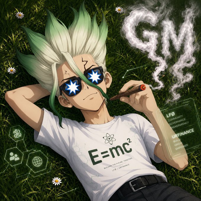 An anime-style illustration of a character with spiky green and white hair, wearing sunglasses and an 'E=mc²' t-shirt, lying on grass and smoking a cigar that emits smoke forming 'LFG'.