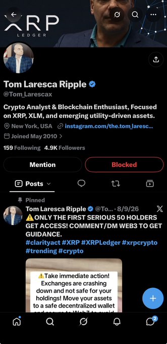 A Twitter/X profile screenshot for 'Tom Laresca Ripple' (@Tom_Larescax), a Crypto Analyst & Blockchain Enthusiast focused on XRP, XLM, and emerging utility-driven assets, based in New York, USA.