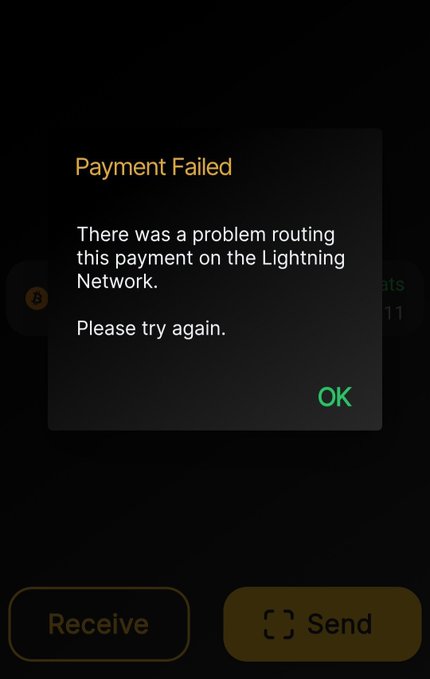 A mobile wallet screen displays a "Payment Failed" alert stating "There was a problem routing this payment on the Lightning Network. Please try again." with an "OK" button, while "Receive" and "Send" buttons are visible at the bottom. The image illustrates the failed Bitcoin Lightning payment referenced in the post, highlighting why the user keeps Dash as a backup cryptocurrency.