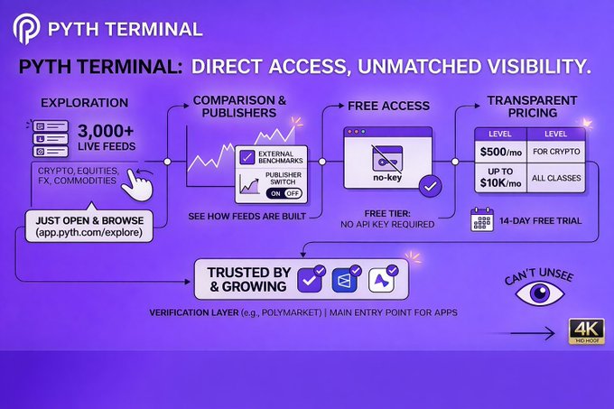 The image shows a purple background with white text that explains the features of the Pyth Terminal. The text highlights the terminal's ability to provide live feeds for various financial markets such as crypto, equities, forex, and more. It also mentions that the terminal is just open and ready to explore, which suggests it is user-friendly and accessible.