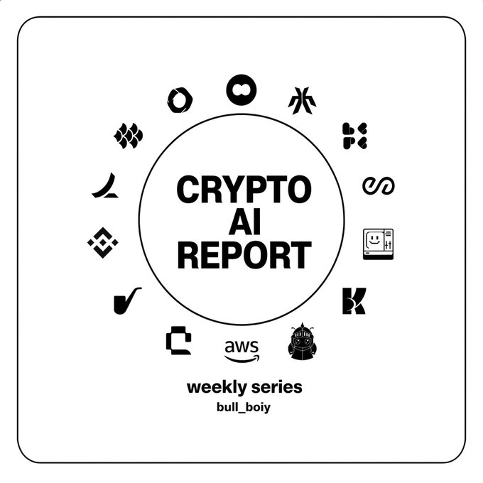 A black and white logo design for 'CRYPTO AI REPORT' surrounded by various crypto-related icons, labeled as 'weekly series bull_boiy'.