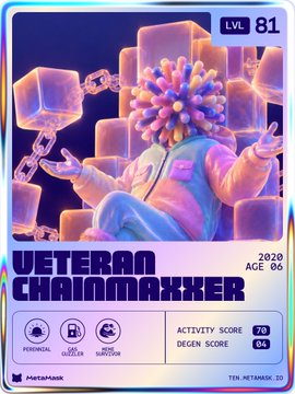 A digital trading card labeled 'VETERAN CHAINMAXER' at LVL 81, featuring a figure with a colorful spiked mask seated among glowing blocks, with activity score 70 and degen score 94.