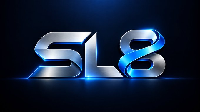 The image shows a sleek, metallic "SL8" logo with silver and blue neon styling against a dark background. It serves as the official branding for the "SL8 Golden Bridge Event" mentioned in the post, visually emphasizing the platform's premium staking campaign with its badge-based reward system.