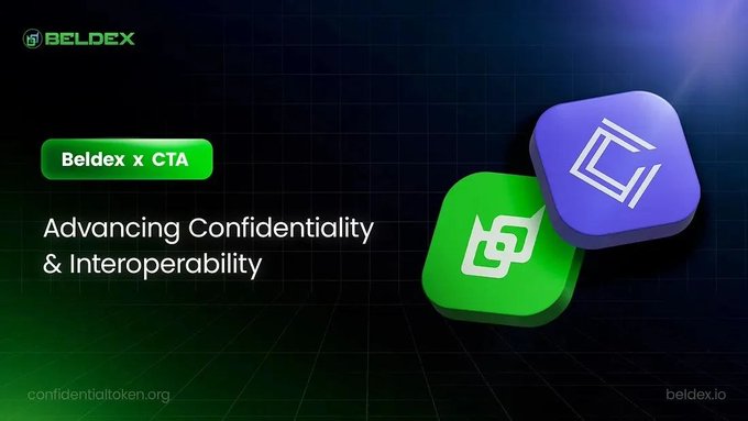 A promotional graphic for "Beldex x CTA" titled "Advancing Confidentiality & Interoperability" featuring the Beldex and CTA logos in green and purple 3D icons against a dark grid background.
