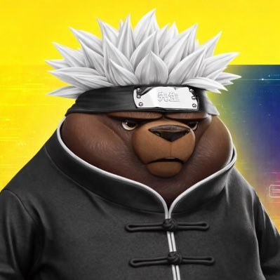 An anthropomorphic bear character with spiky white hair wearing a ninja headband and a black traditional Chinese-style outfit stands against a bright yellow background.