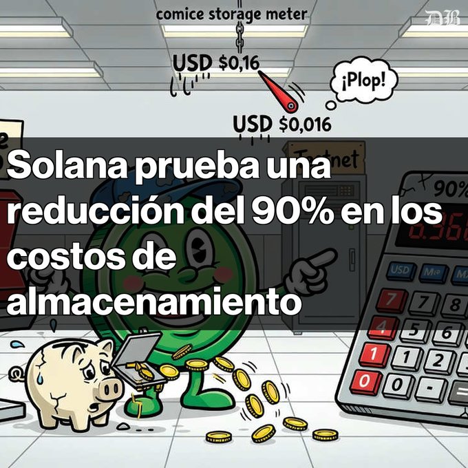 A cartoon meme featuring a green coin character pointing at a 'comice storage meter' with pricing of USD $0.16 and USD $0.016, overlaid with Spanish text reading 'Solana prueba una reducción del 90% en los costos de almacenamiento.'