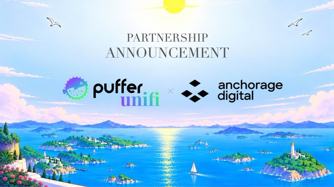 A 'Partnership Announcement' graphic featuring the logos of puffer.unifi and Anchorage Digital, set against an illustrated tropical island and ocean background.