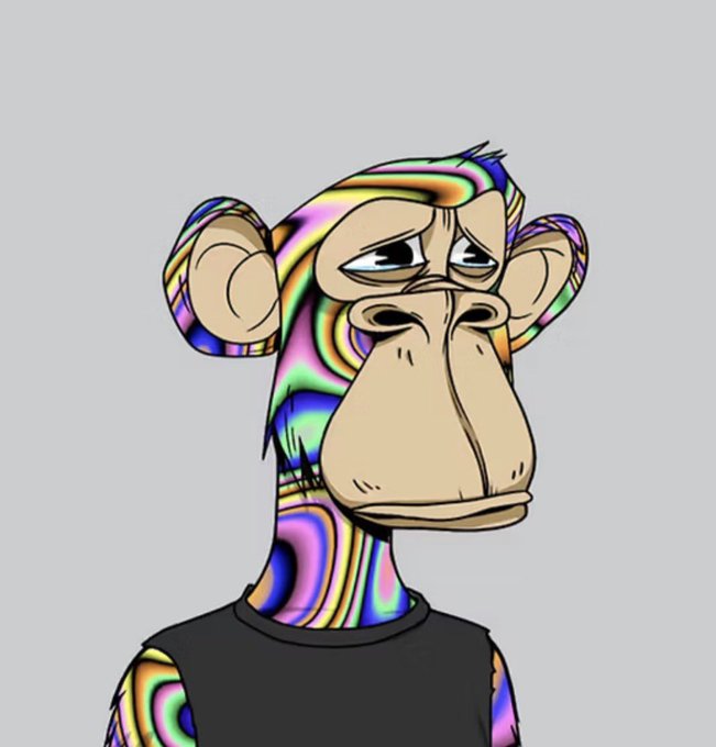 A digital illustration of a cartoon monkey with a multicolored, psychedelic-patterned face and neck, wearing a black shirt against a gray background.